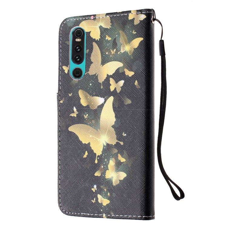 For Huawei P30 Pattern Printing Wallet Stand Leather Cell Phone Case with Strap - Gold Butterfly-3