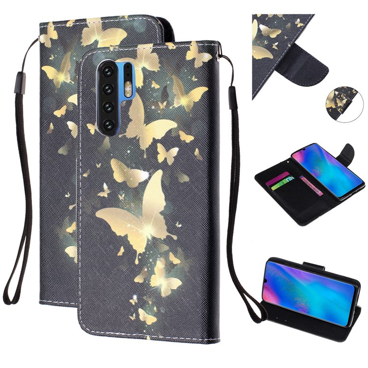 For Huawei P30 Pro Pattern Printing Wallet Stand Leather Flip Case with Strap - Gold Butterfly-1