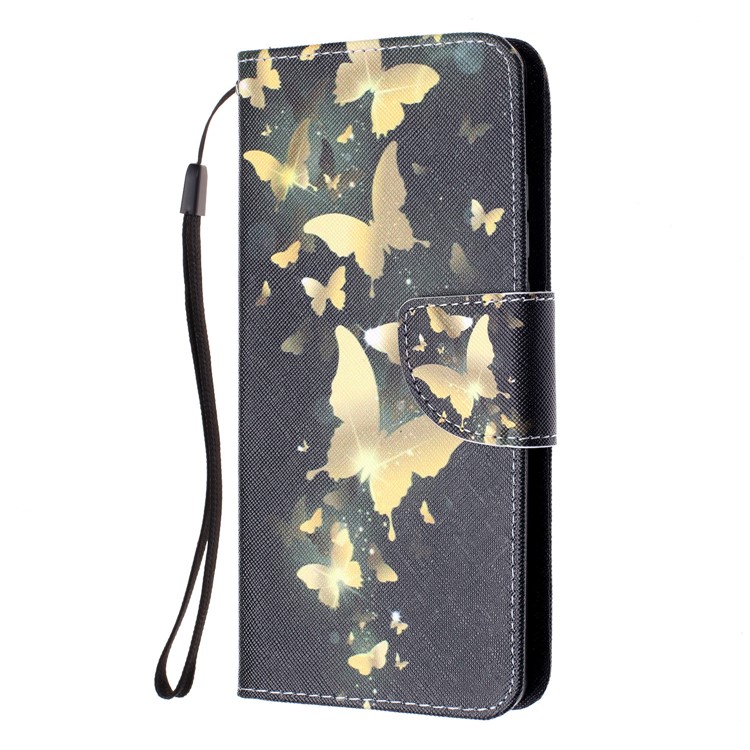 For Huawei P30 Pro Pattern Printing Wallet Stand Leather Flip Case with Strap - Gold Butterfly-2