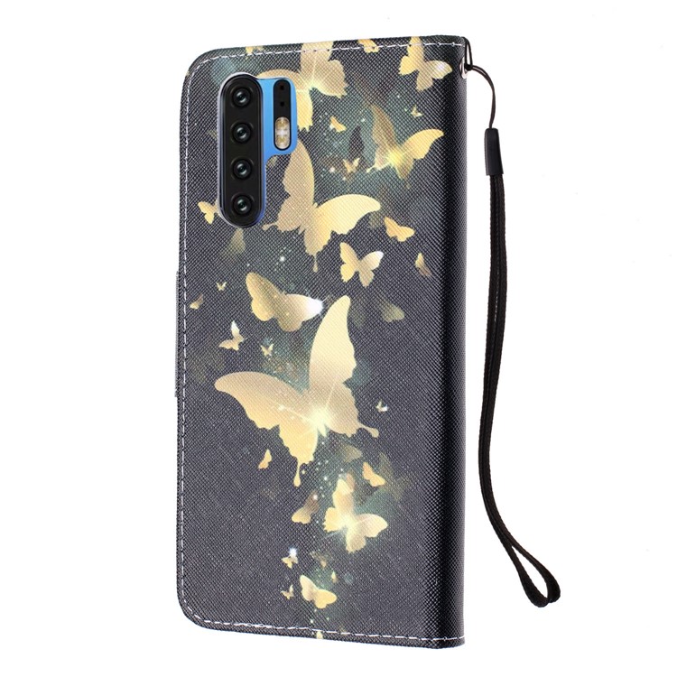 For Huawei P30 Pro Pattern Printing Wallet Stand Leather Flip Case with Strap - Gold Butterfly-3