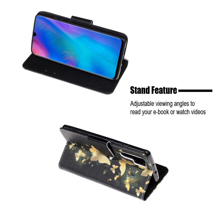 For Huawei P30 Pro Pattern Printing Wallet Stand Leather Flip Case with Strap - Gold Butterfly-6