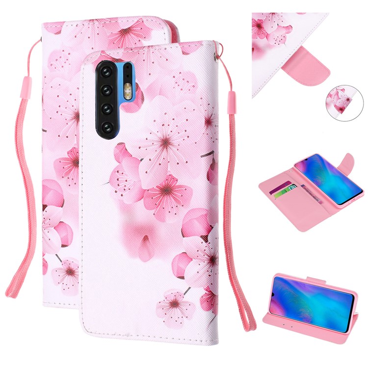 For Huawei P30 Pro Pattern Printing Wallet Stand Leather Flip Case with Strap - Pretty Flower-1