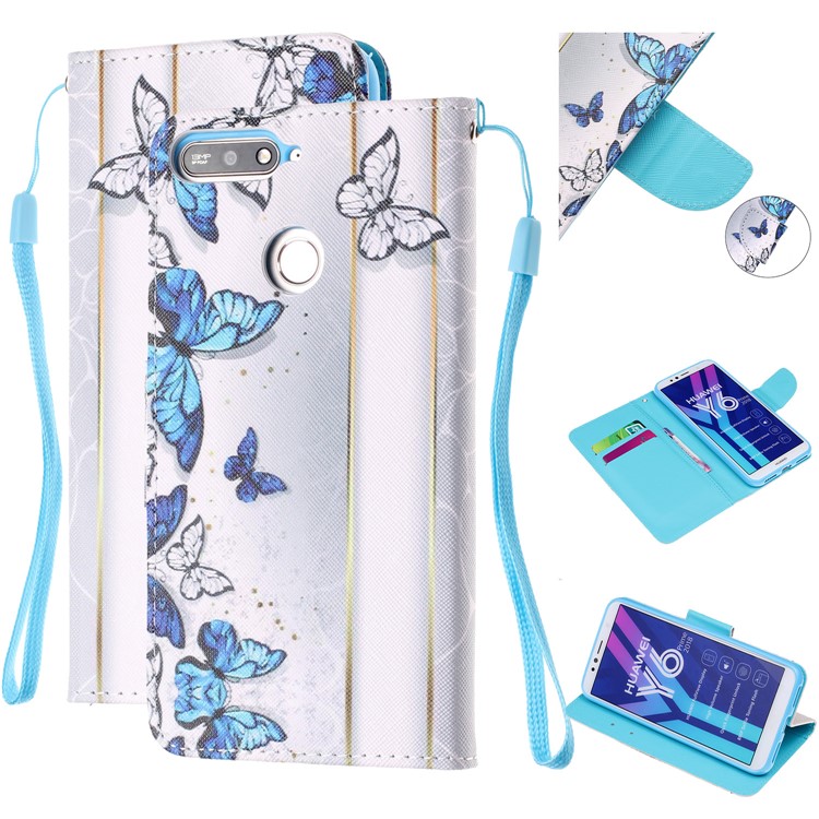 Pattern Printing Wallet Leather Stand Case for Huawei Y6 (2018) - Blue and White Butterflies-1