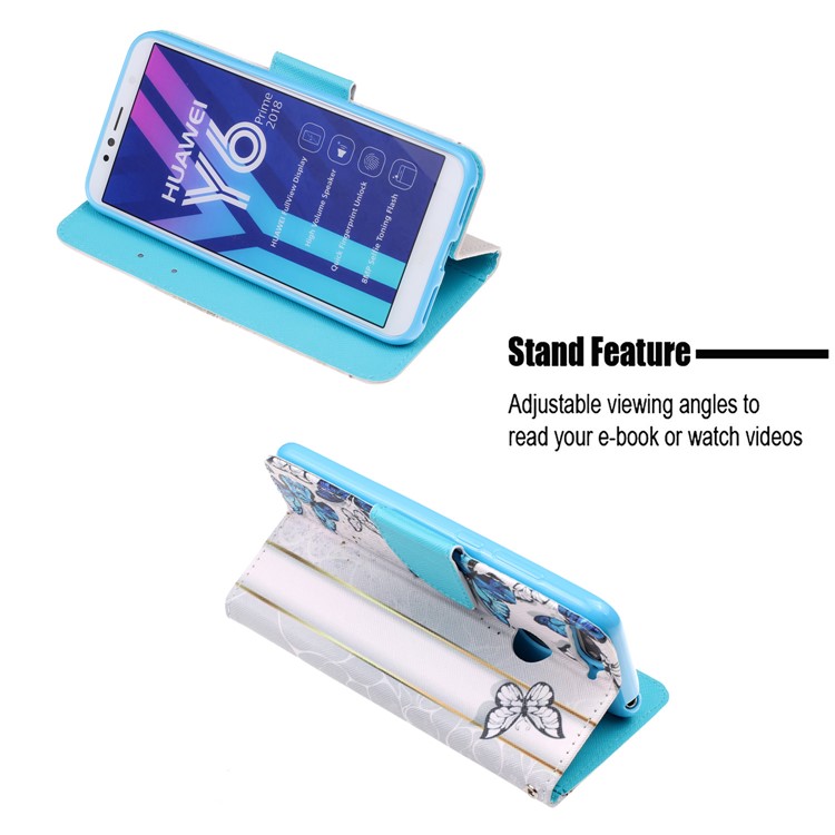 Pattern Printing Wallet Leather Stand Case for Huawei Y6 (2018) - Blue and White Butterflies-6