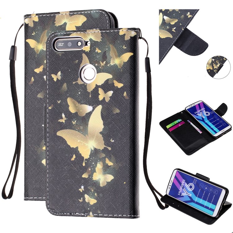 Pattern Printing Leather Wallet Case for Huawei Y6 (2018) - Gold Butterfly-1