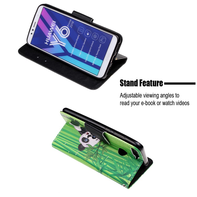 Pattern Printing Leather Wallet Case for Huawei Y6 (2018) - Panda on Bamboo-6