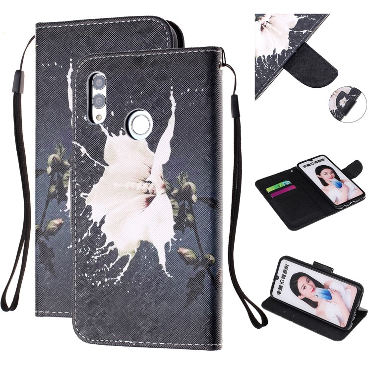 For Huawei P Smart (2019) Patterned Wallet Leather Protection Cover with Strap - White Flower-1