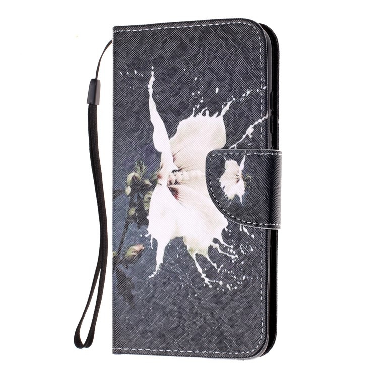 For Huawei P Smart (2019) Patterned Wallet Leather Protection Cover with Strap - White Flower-2