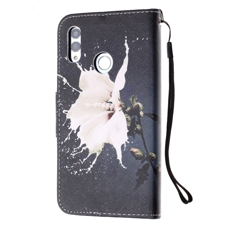For Huawei P Smart (2019) Patterned Wallet Leather Protection Cover with Strap - White Flower-3