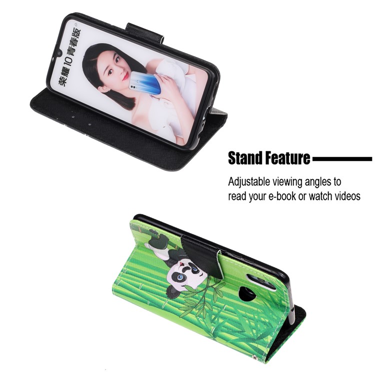 For Huawei P Smart (2019) Patterned Wallet Leather Protection Cover with Strap - Panda on Bamboo-6