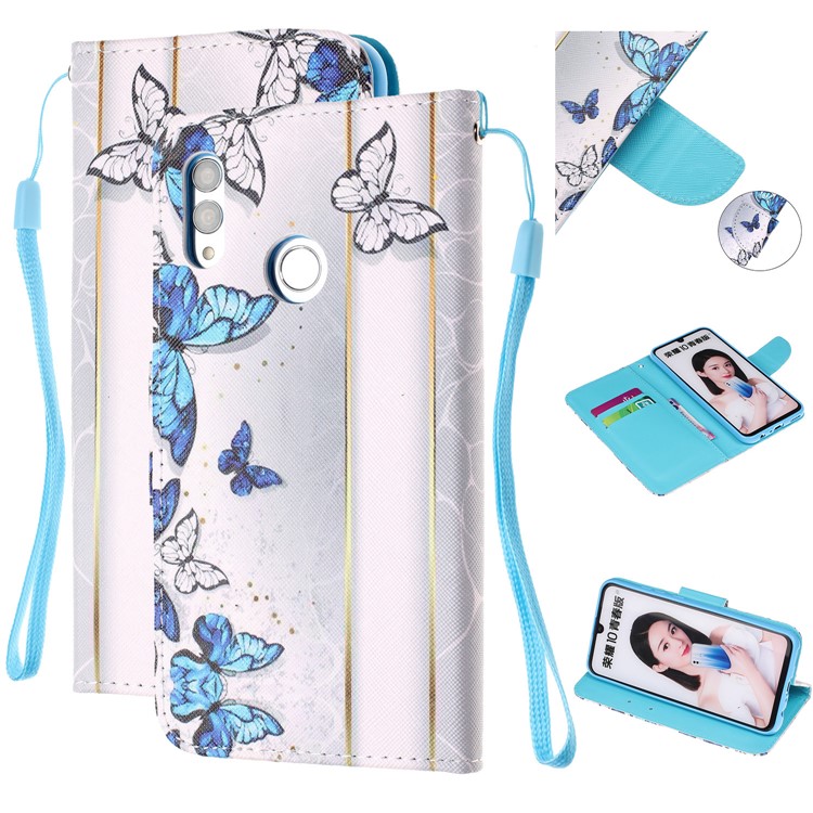 For Huawei P Smart (2019) Patterned Wallet Leather Protection Cover with Strap - Blue and White Butterflies-1