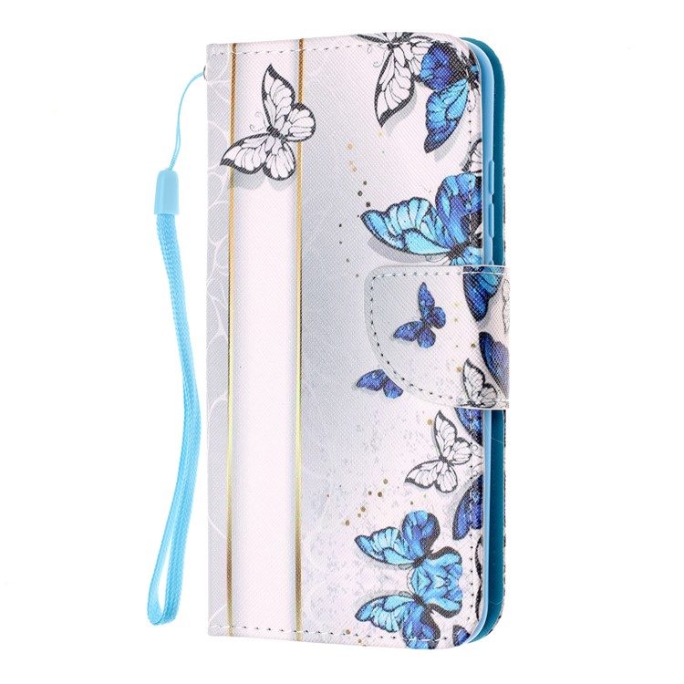 For Huawei P Smart (2019) Patterned Wallet Leather Protection Cover with Strap - Blue and White Butterflies-2