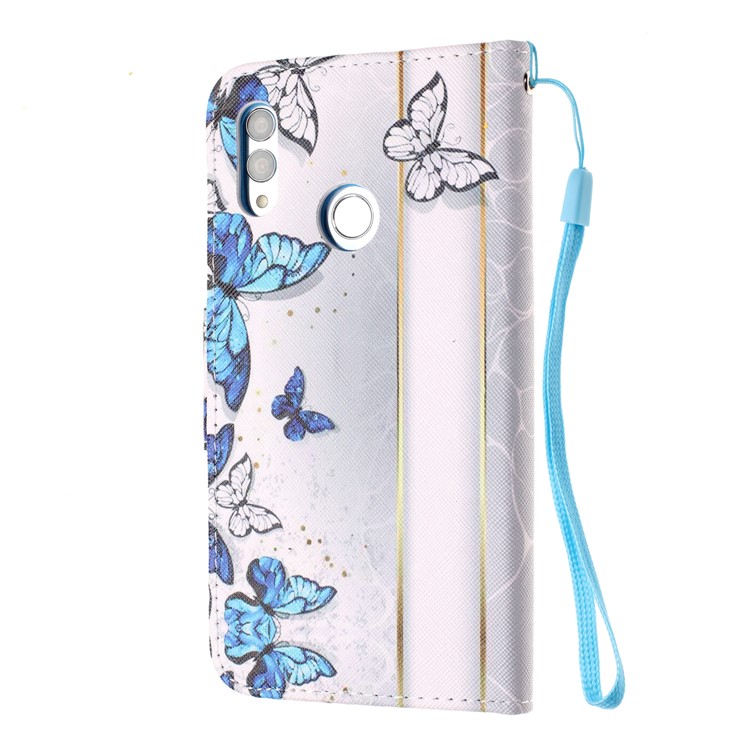 For Huawei P Smart (2019) Patterned Wallet Leather Protection Cover with Strap - Blue and White Butterflies-3