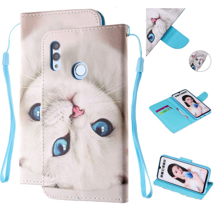 For Huawei P Smart (2019) Patterned Wallet Leather Protection Cover with Strap - White Cat-1