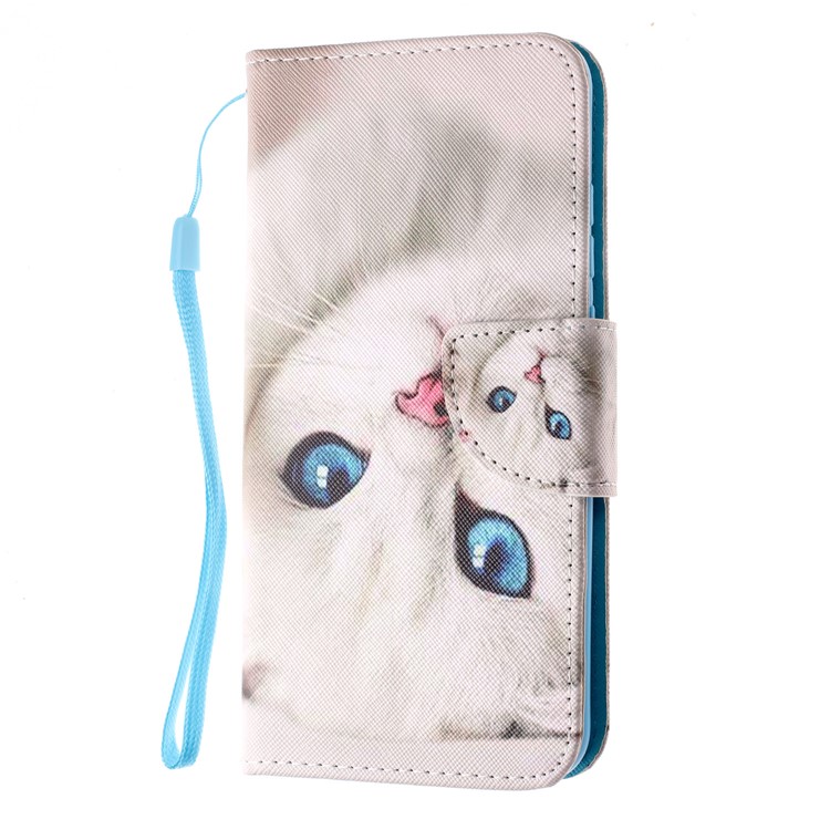 For Huawei P Smart (2019) Patterned Wallet Leather Protection Cover with Strap - White Cat-2