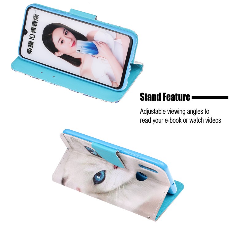 For Huawei P Smart (2019) Patterned Wallet Leather Protection Cover with Strap - White Cat-6