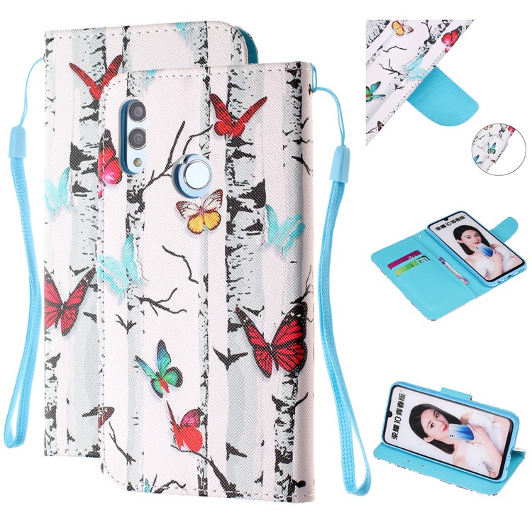 For Huawei P Smart (2019) Patterned Wallet Leather Protection Cover with Strap - Colorful Butterflies-1