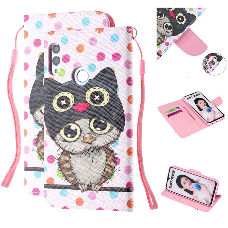 For Huawei P Smart (2019) Patterned Wallet Leather Protection Cover with Strap - Cartoon Owl and Dots-1
