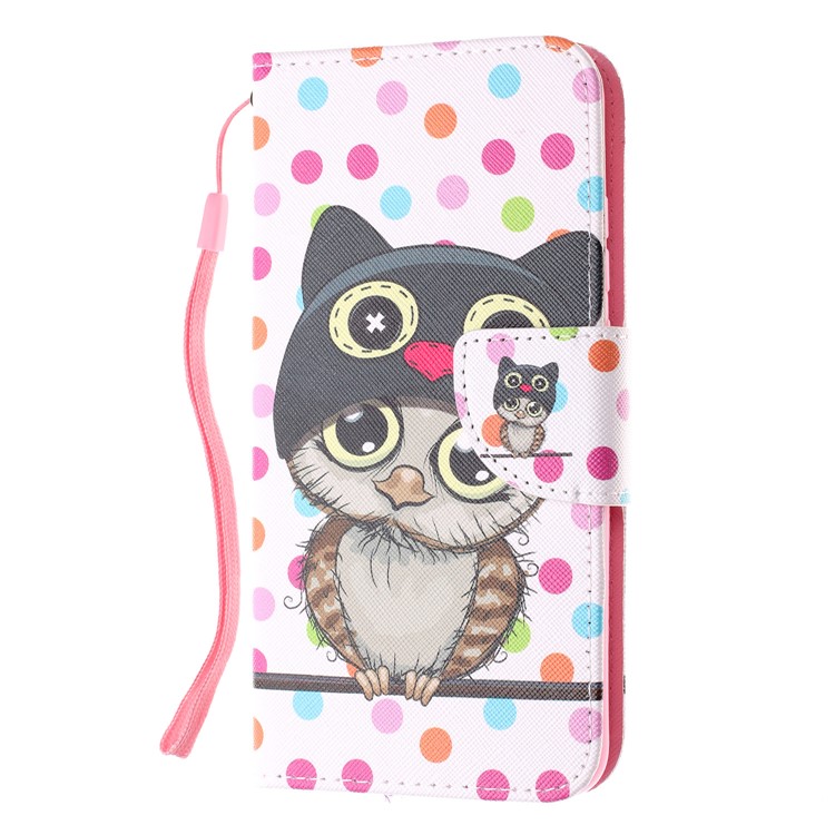 For Huawei P Smart (2019) Patterned Wallet Leather Protection Cover with Strap - Cartoon Owl and Dots-2