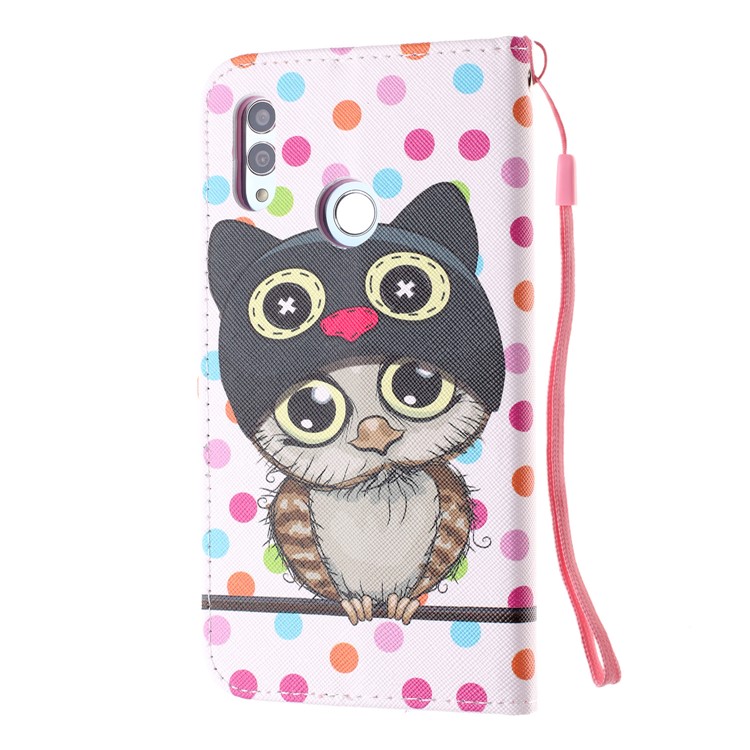 For Huawei P Smart (2019) Patterned Wallet Leather Protection Cover with Strap - Cartoon Owl and Dots-3