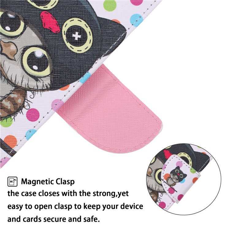 For Huawei P Smart (2019) Patterned Wallet Leather Protection Cover with Strap - Cartoon Owl and Dots-5
