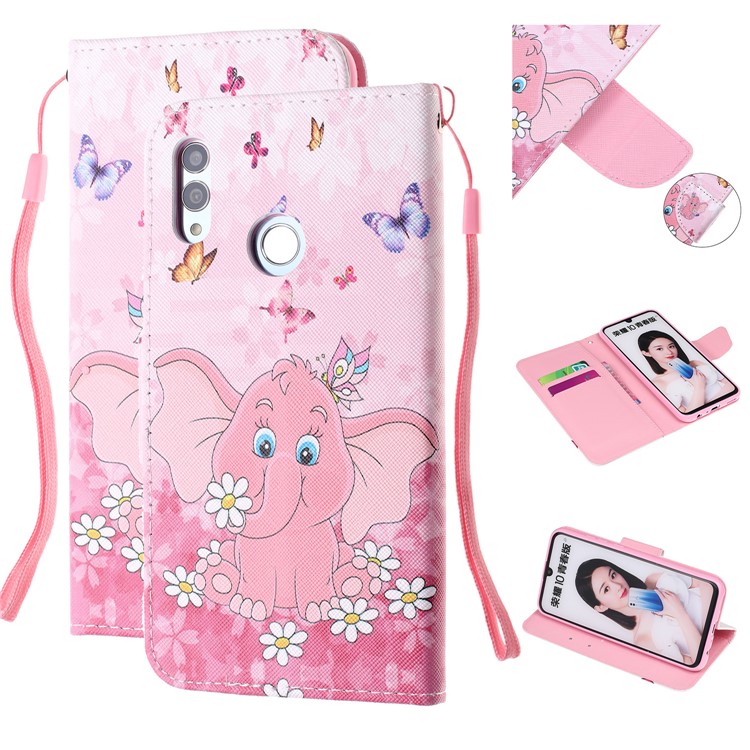 For Huawei P Smart (2019) Patterned Wallet Leather Protection Cover with Strap - Elephant and Flower-1