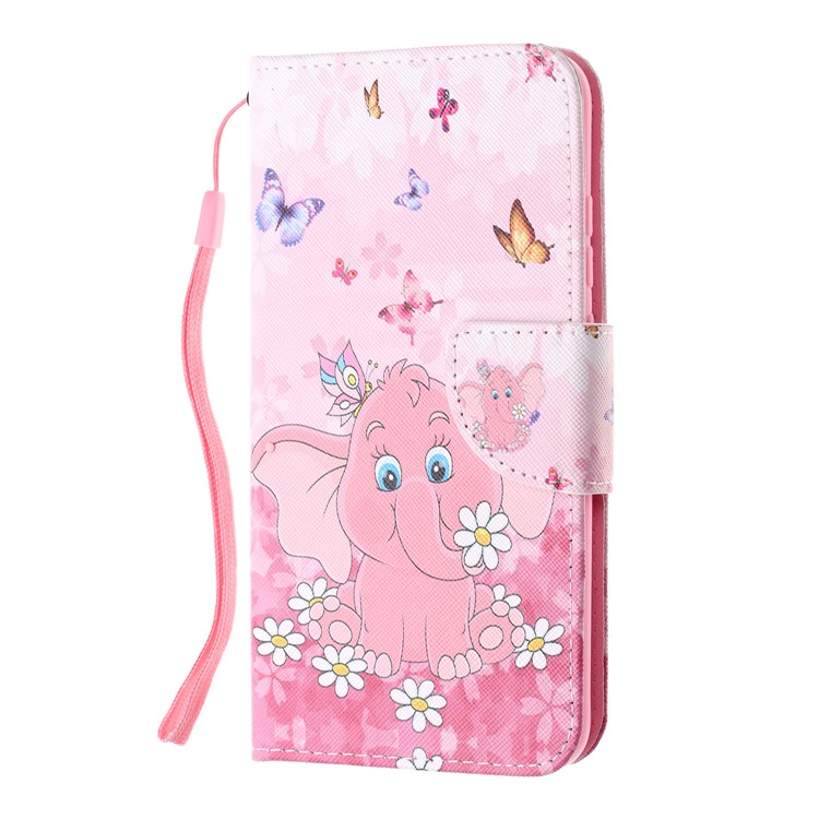 For Huawei P Smart (2019) Patterned Wallet Leather Protection Cover with Strap - Elephant and Flower-2