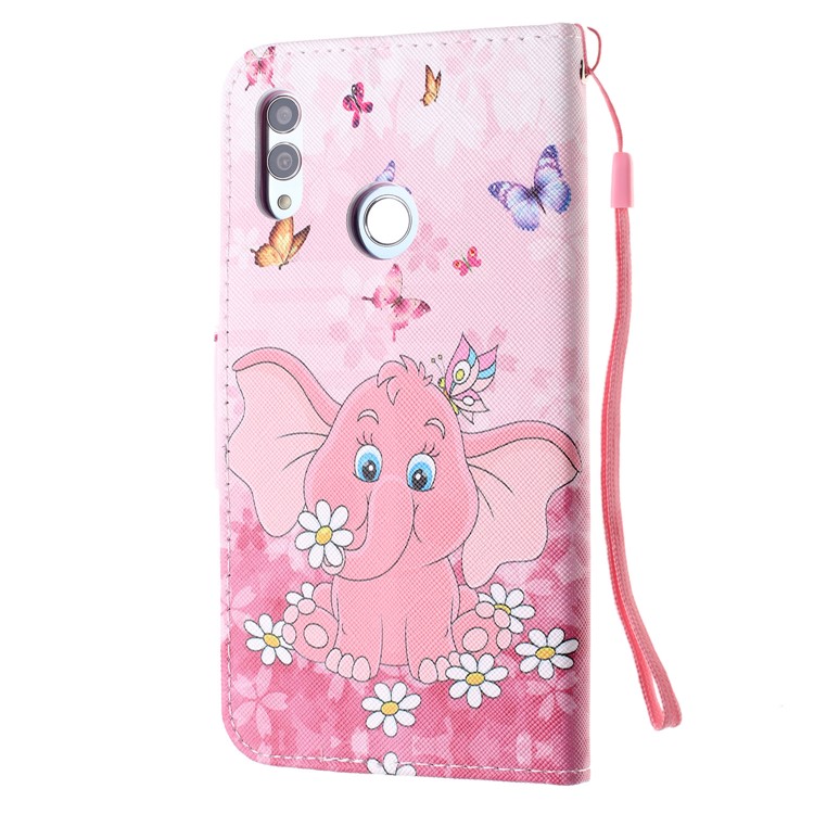 For Huawei P Smart (2019) Patterned Wallet Leather Protection Cover with Strap - Elephant and Flower-3