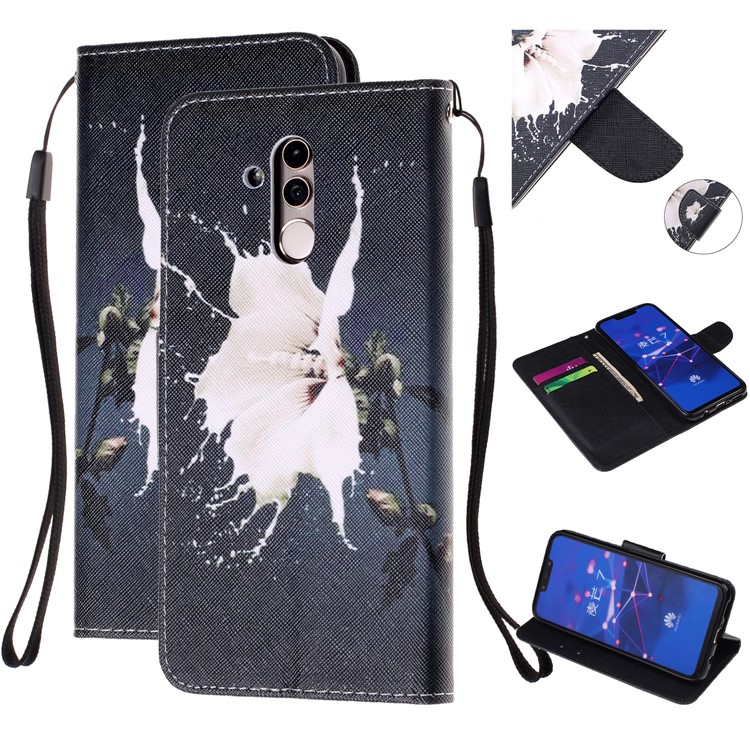 Pattern Printing Leather Wallet Stand Case for Huawei Mate 20 Lite - White Flower-1