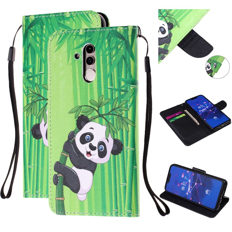 Pattern Printing Leather Wallet Stand Case for Huawei Mate 20 Lite - Panda on Bamboo-1