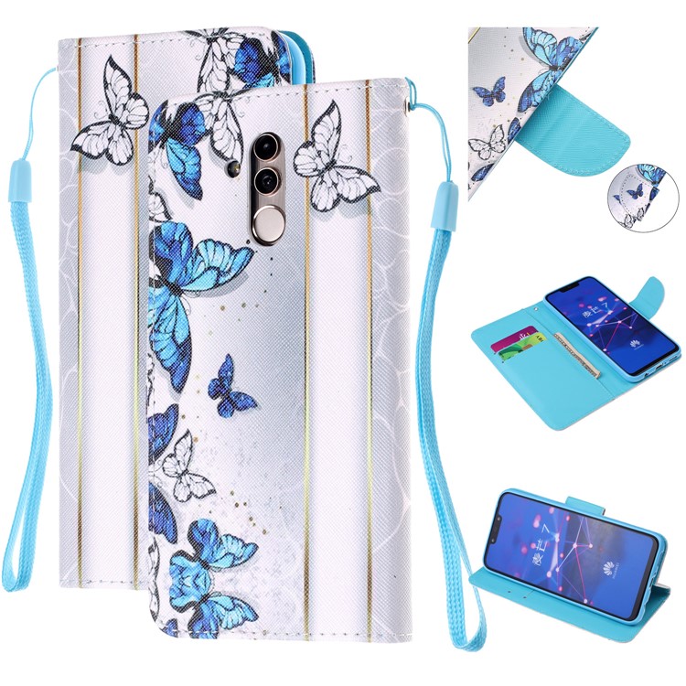 Pattern Printing Leather Wallet Stand Case for Huawei Mate 20 Lite - Blue and White Butterflies-1