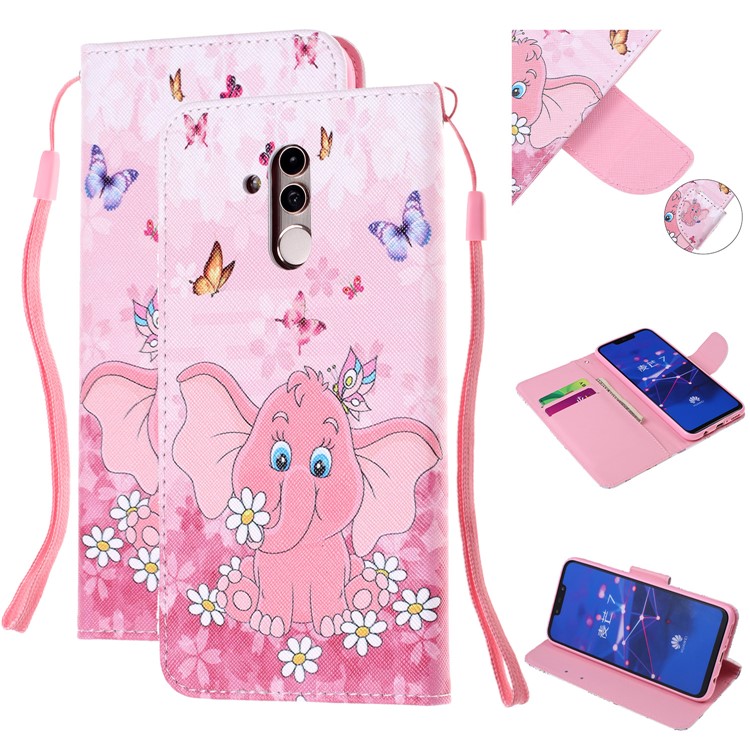 Pattern Printing Leather Wallet Stand Case for Huawei Mate 20 Lite - Elephant and Flower-1