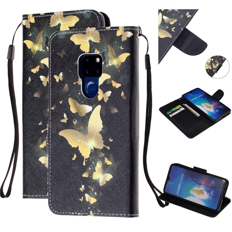 For Huawei Mate 20 Pattern Printing Wallet Stand Leather Phone Case Accessory with Strap - Gold Butterfly-1