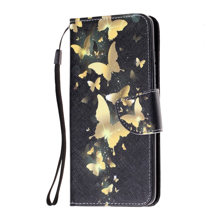 For Huawei Mate 20 Pattern Printing Wallet Stand Leather Phone Case Accessory with Strap - Gold Butterfly-2