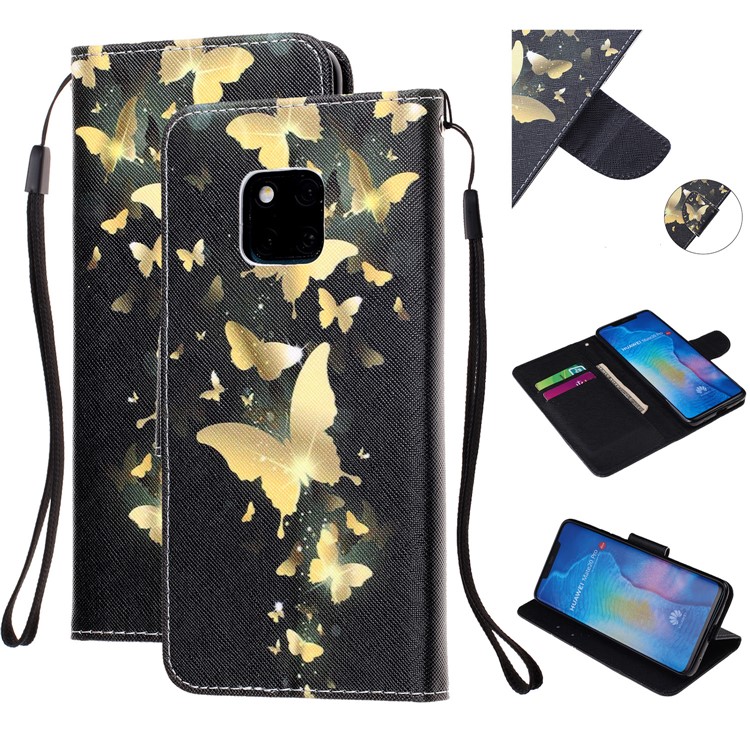 Pattern Printing Leather Wallet Case for Huawei Mate 20 Pro - Gold Butterfly-1