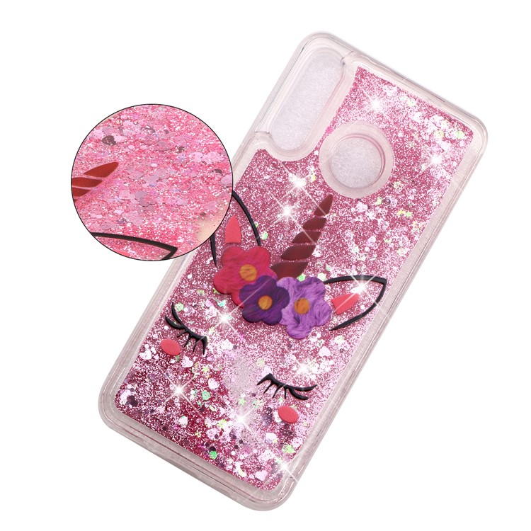 Embossed Pattern Glitter Powder Quicksand TPU Phone Shell for Huawei P30 Lite - Unicorn with Flower-1