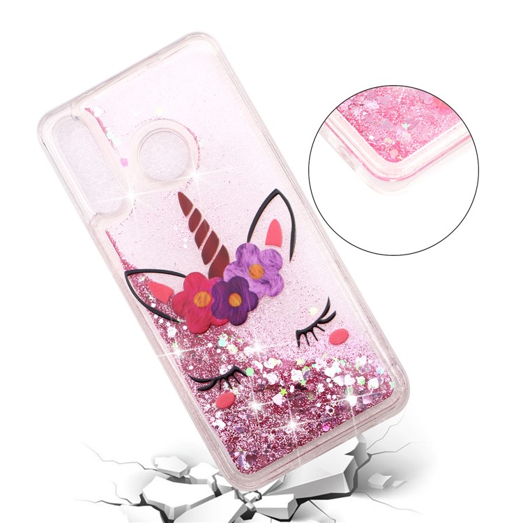 Embossed Pattern Glitter Powder Quicksand TPU Phone Shell for Huawei P30 Lite - Unicorn with Flower-3