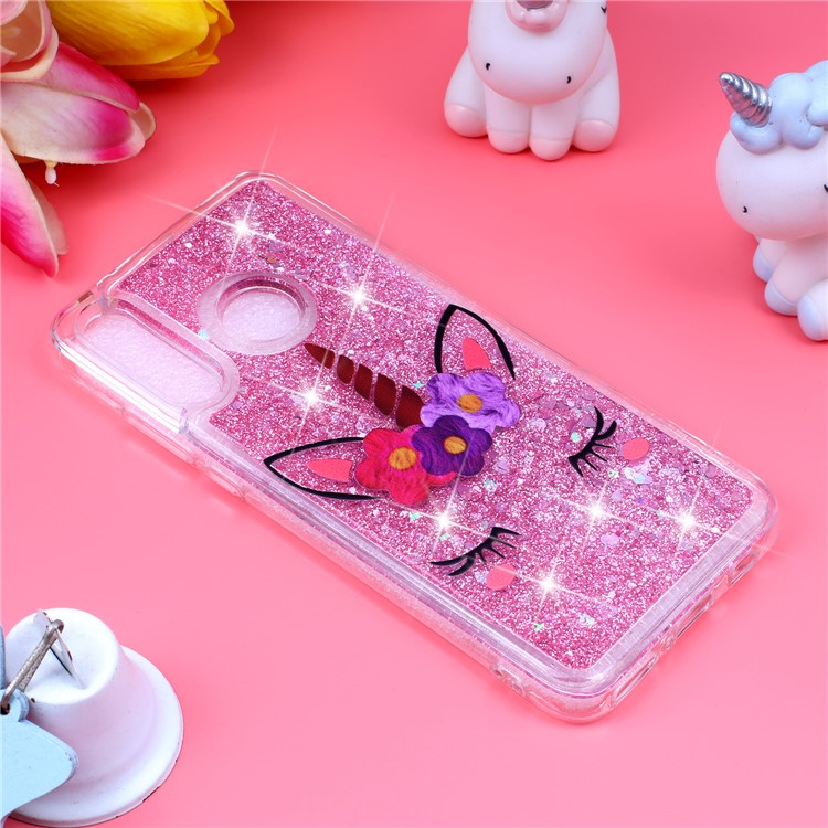 Embossed Pattern Glitter Powder Quicksand TPU Phone Shell for Huawei P30 Lite - Unicorn with Flower-4