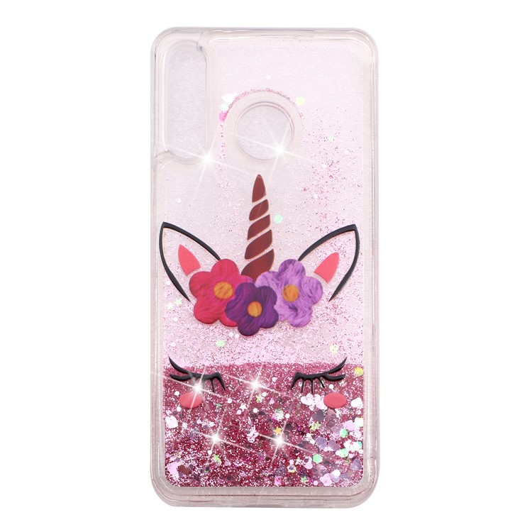 Embossed Pattern Glitter Powder Quicksand TPU Phone Shell for Huawei P30 Lite - Unicorn with Flower-6