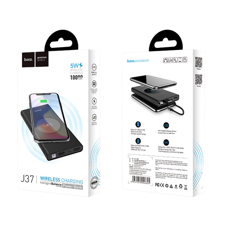 HOCO J37 Sabedoria De Carregamento Sem Fio Banco De Potência 10000 Mah Dual USB - Preto-5