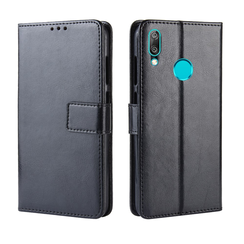 Casa de Couro da Crazy Horse Wallet With Strap For Huawei Y7 (2019)/Y7 Prime (2019) - Preto