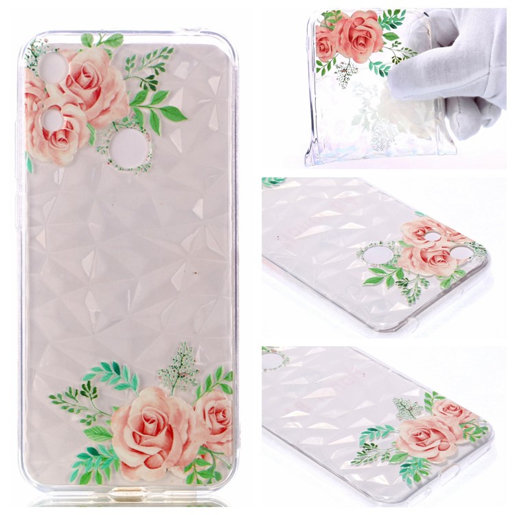 Embossed Pattern 3D Diamond Surface TPU Back Cover Case for Huawei Honor 8A - Pink Flowers-1