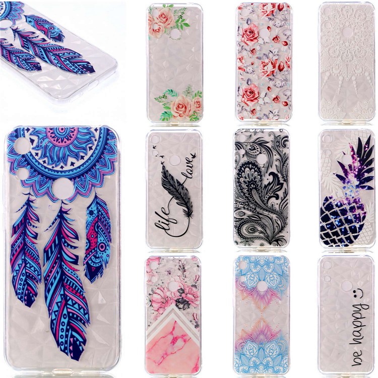 Embossed Pattern 3D Diamond Surface TPU Back Cover Case for Huawei Honor 8A - Pink Flowers-7