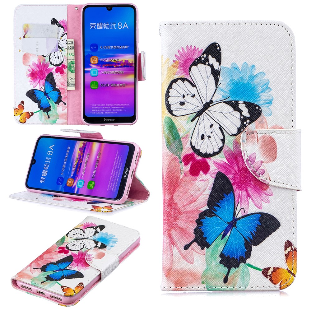 Pattern Printing PU Leather Flip Cover for Huawei Honor 8A - Butterflies and Flowers-1
