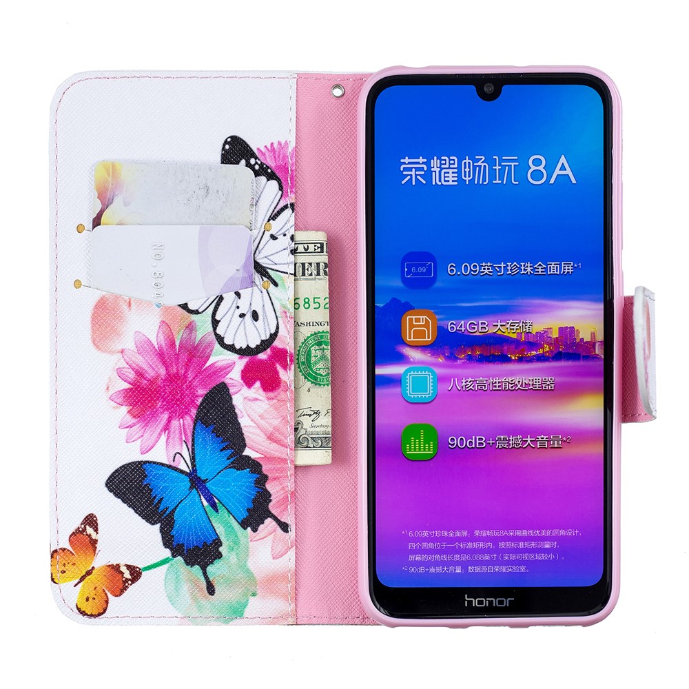 Pattern Printing PU Leather Flip Cover for Huawei Honor 8A - Butterflies and Flowers-8