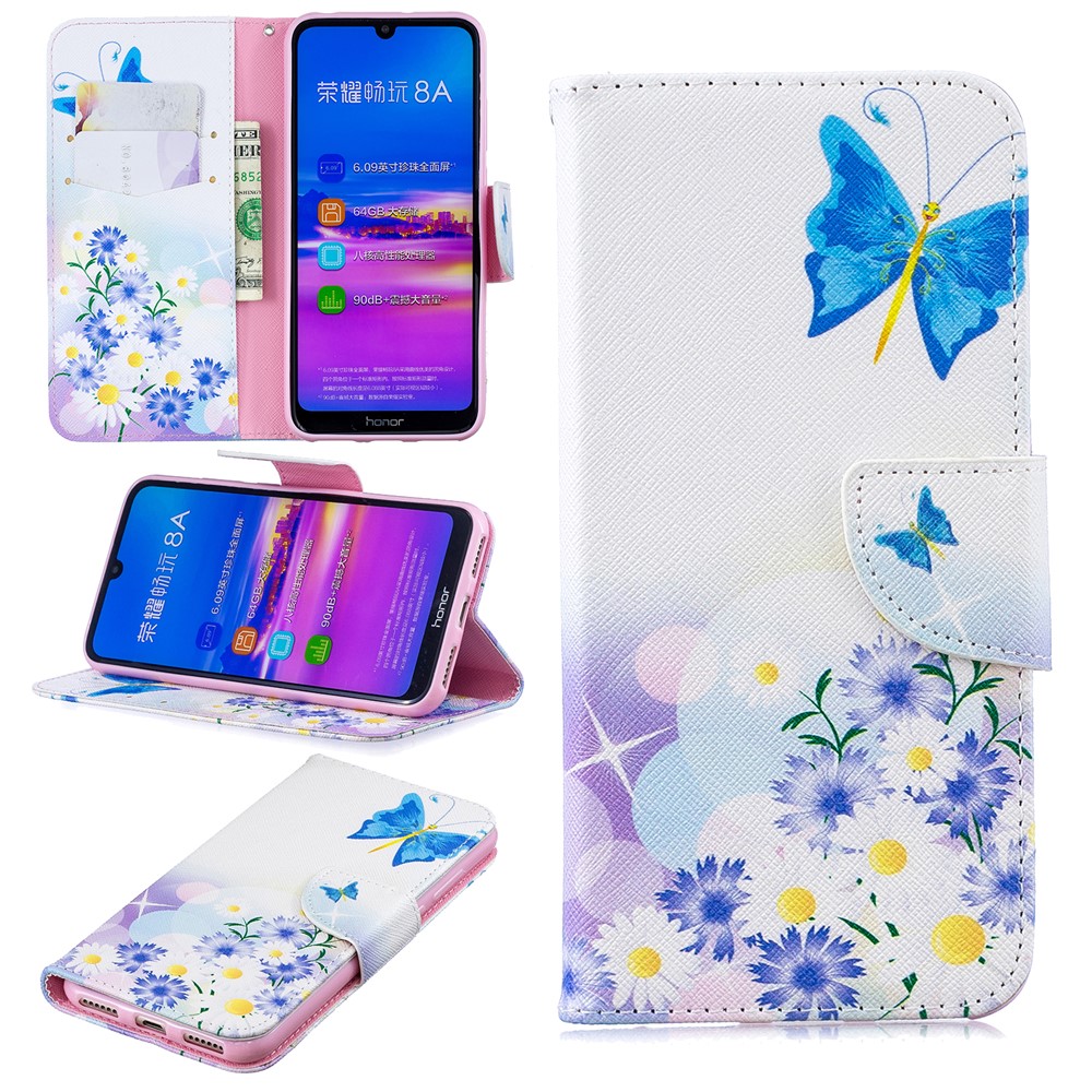 Pattern Printing PU Leather Flip Cover for Huawei Honor 8A - Blue Butterflies-1