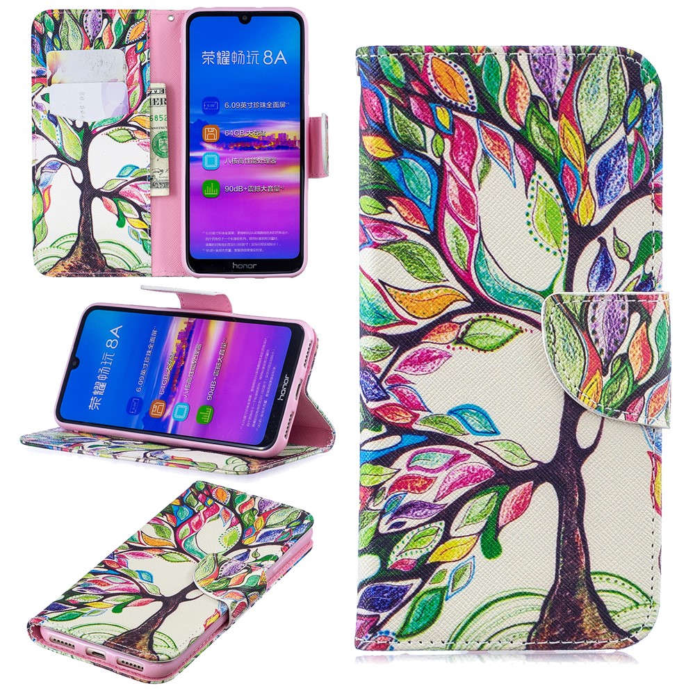 Motif Impression PU Cuir Rabat Couverture Pour Huawei Honneur 8A - Arbre Colorisé-1