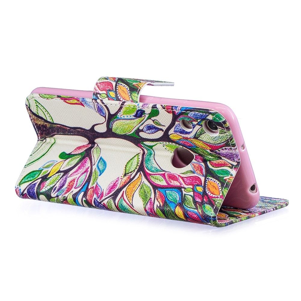 Motif Impression PU Cuir Rabat Couverture Pour Huawei Honneur 8A - Arbre Colorisé-4
