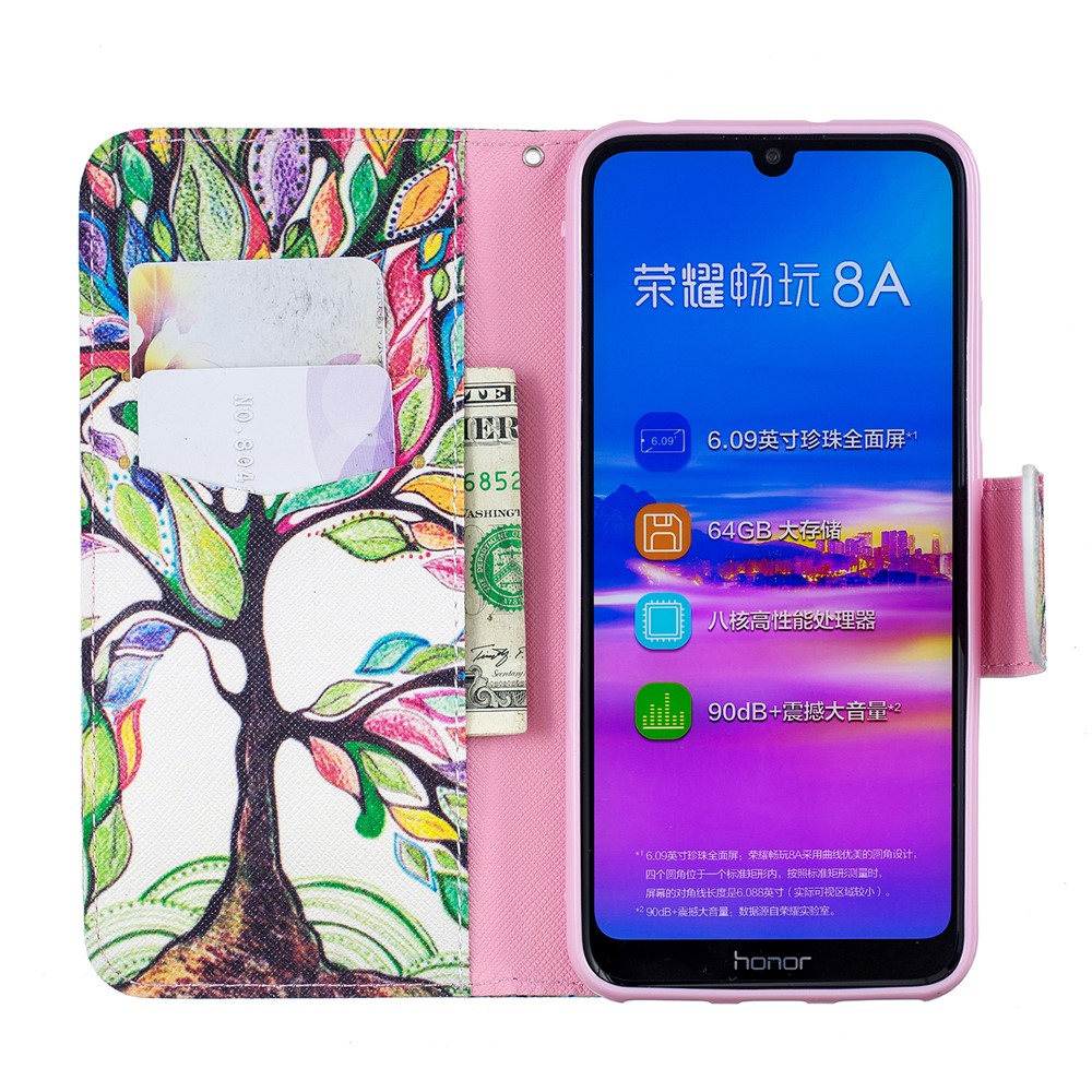 Motif Impression PU Cuir Rabat Couverture Pour Huawei Honneur 8A - Arbre Colorisé-8