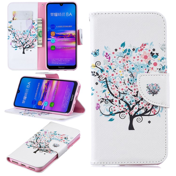 Pattern Printing PU Leather Flip Cover for Huawei Honor 8A - Flowered Tree-1